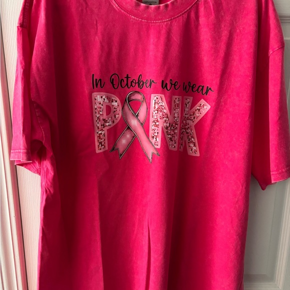Breast Cancer Awareness Pink Distressed “In October We Wear Pink” T-Shirt - Picture 11 of 11